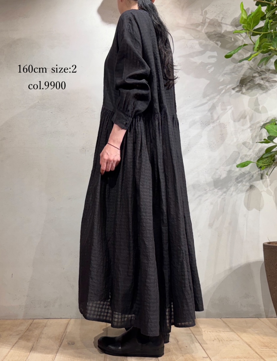 INMDS25714(ワンピース) HANDWOVEN COTTON/SILK SELF CHECK LACE COLLAR DRESS WITH PINTUCK