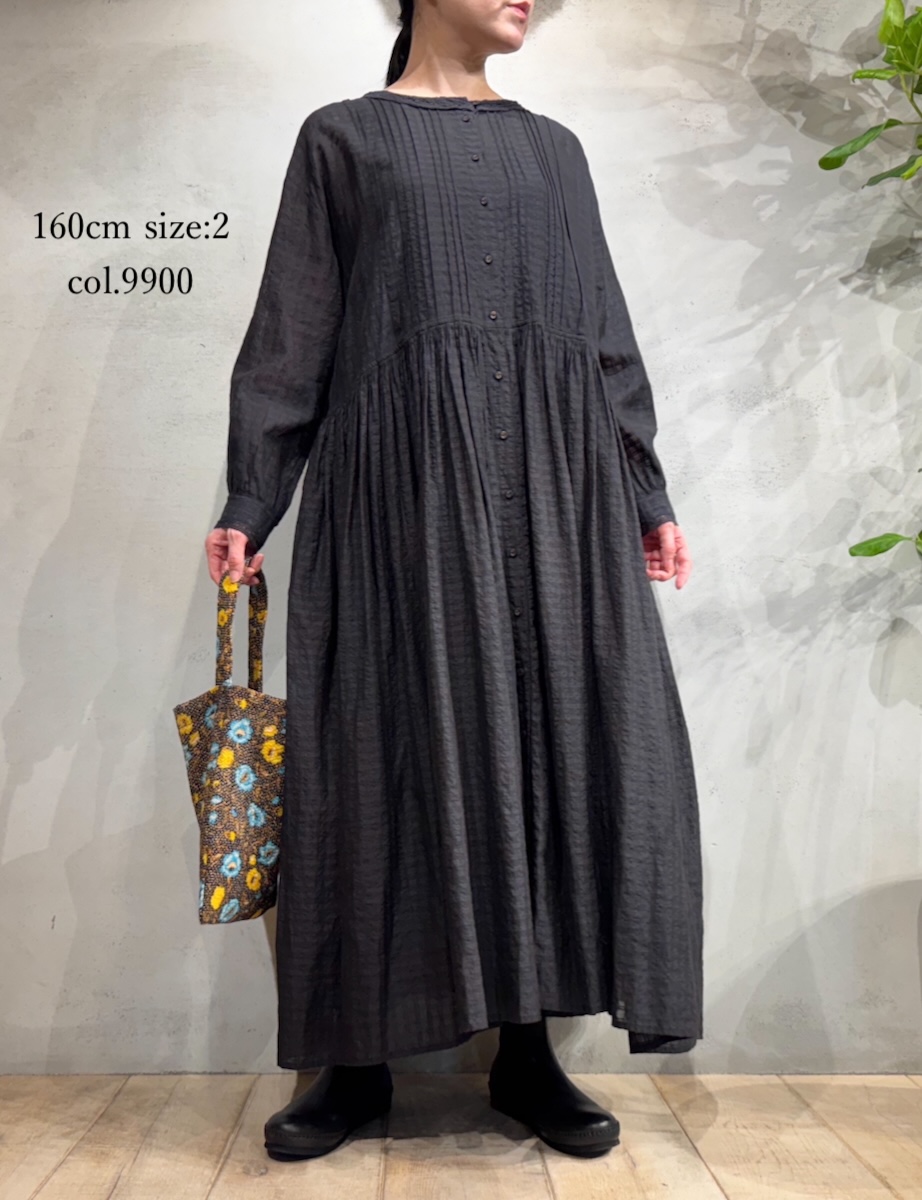 INMDS25714(ワンピース) HANDWOVEN COTTON/SILK SELF CHECK LACE COLLAR DRESS WITH PINTUCK