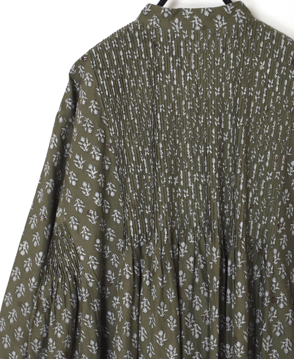 NMDS25554(ワンピース) 80s COTTON VOILE FLOWER BLOCK PRINT MINI PINTUCK BANDED COLLAR SHIRT DRESS