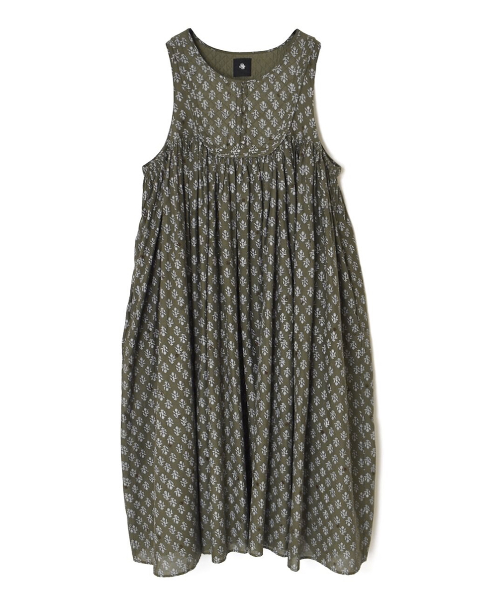 NMDS25553(ワンピース) 80s COTTON VOILE FLOWER BLOCK PRINT RAJASTHAN TUCK GATHERED NO/SL QUILTING DRESS
