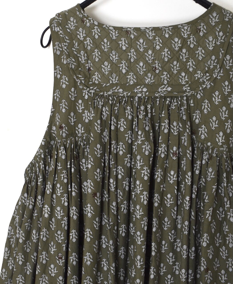 NMDS25553(ワンピース) 80s COTTON VOILE FLOWER BLOCK PRINT RAJASTHAN TUCK GATHERED NO/SL QUILTING DRESS