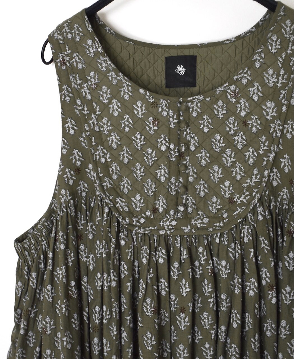 NMDS25553(ワンピース) 80s COTTON VOILE FLOWER BLOCK PRINT RAJASTHAN TUCK GATHERED NO/SL QUILTING DRESS