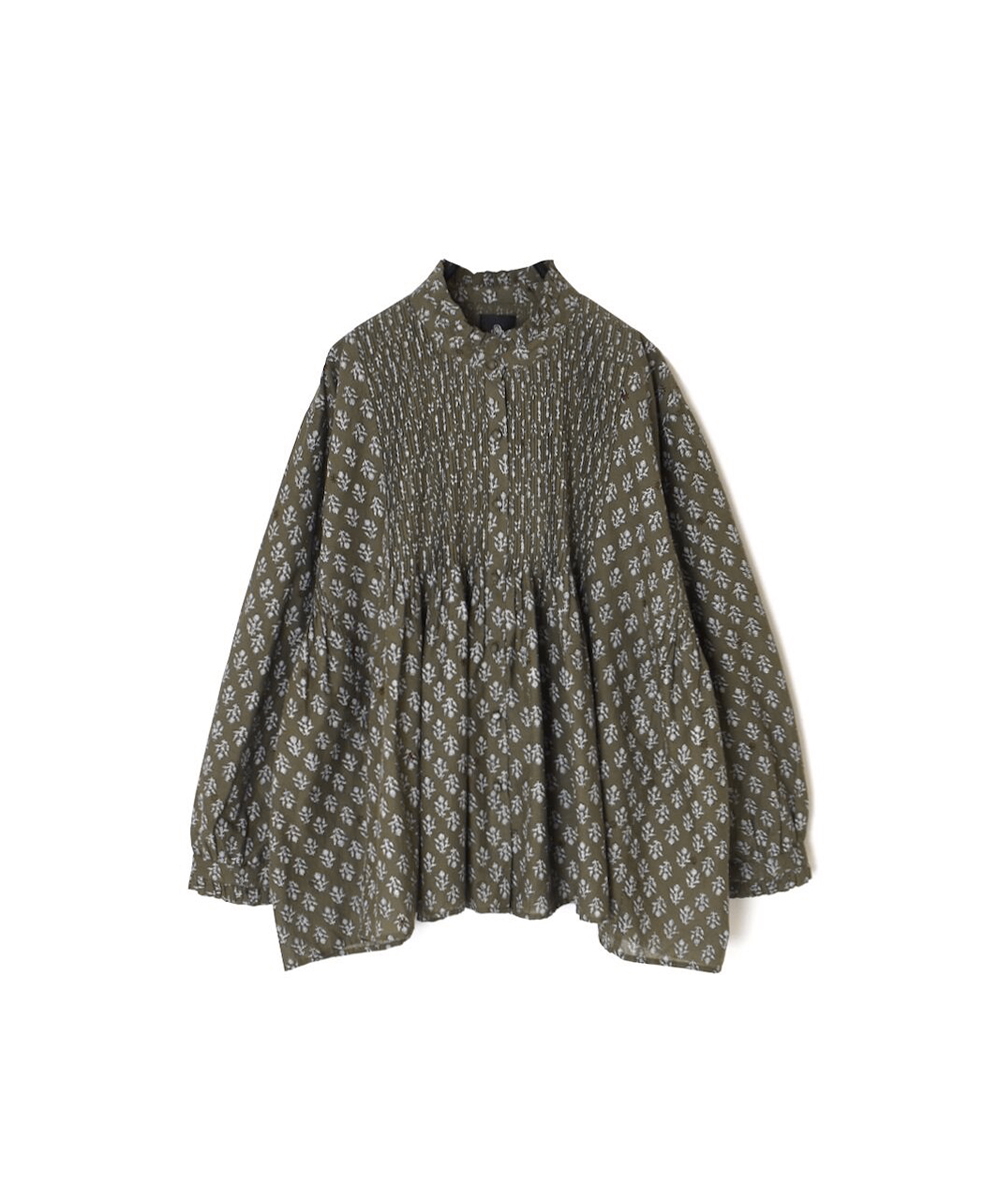 NMDS25551(シャツ) 80s COTTON VOILE FLOWER BLOCK PRINT FRILL COLLAR PINTUCK SHIRT