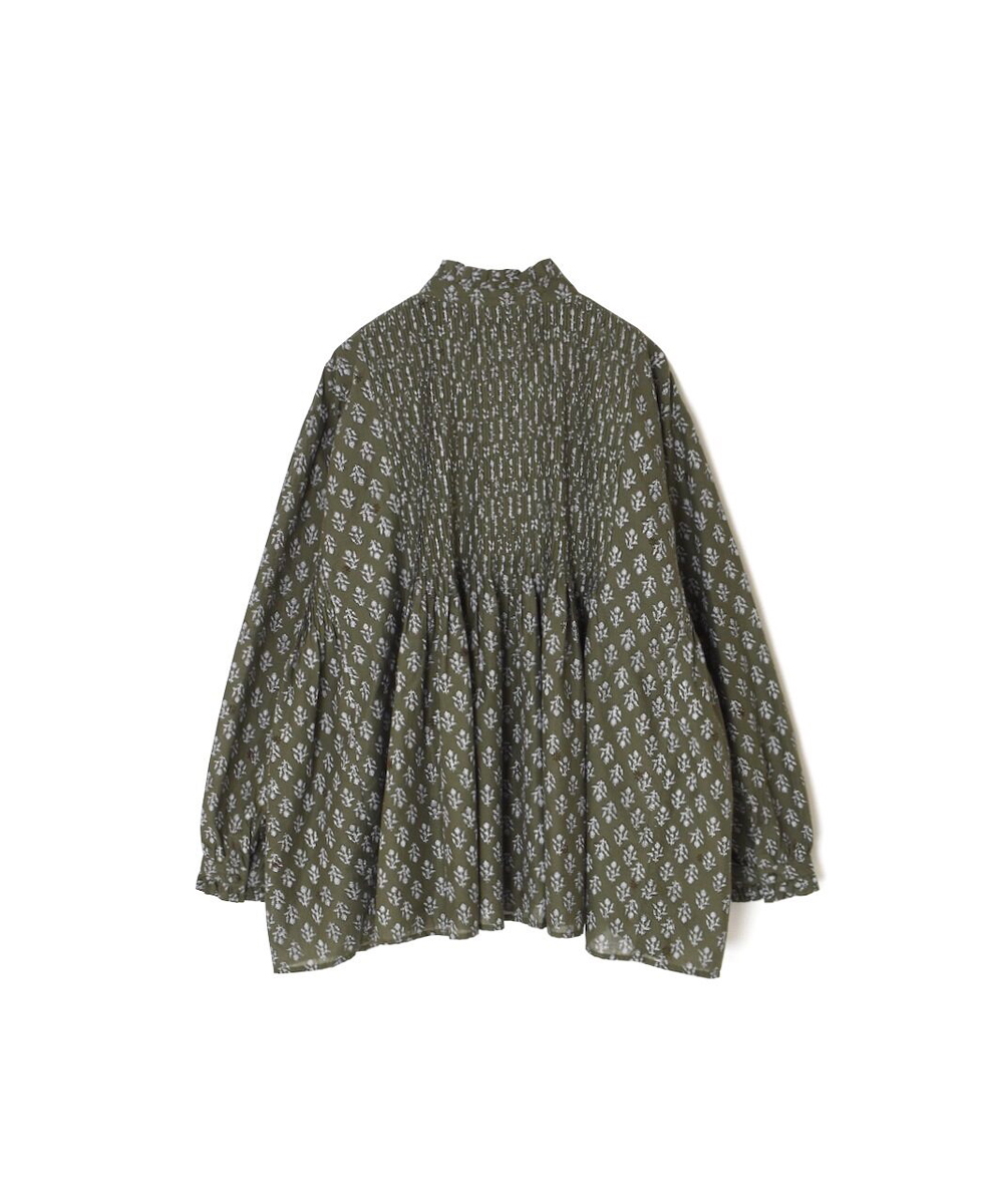 NMDS25551(シャツ) 80s COTTON VOILE FLOWER BLOCK PRINT FRILL COLLAR PINTUCK SHIRT