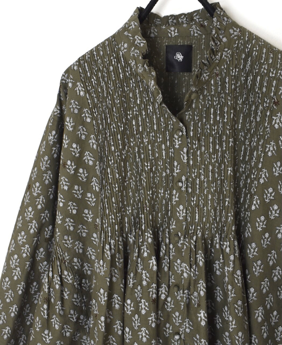 NMDS25551(シャツ) 80s COTTON VOILE FLOWER BLOCK PRINT FRILL COLLAR PINTUCK SHIRT