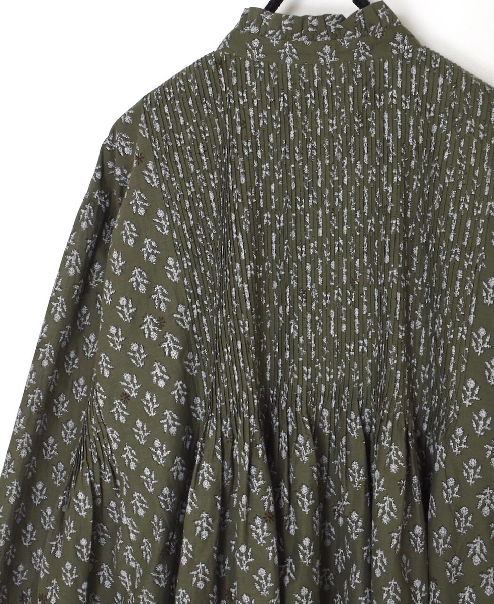 NMDS25551(シャツ) 80s COTTON VOILE FLOWER BLOCK PRINT FRILL COLLAR PINTUCK SHIRT