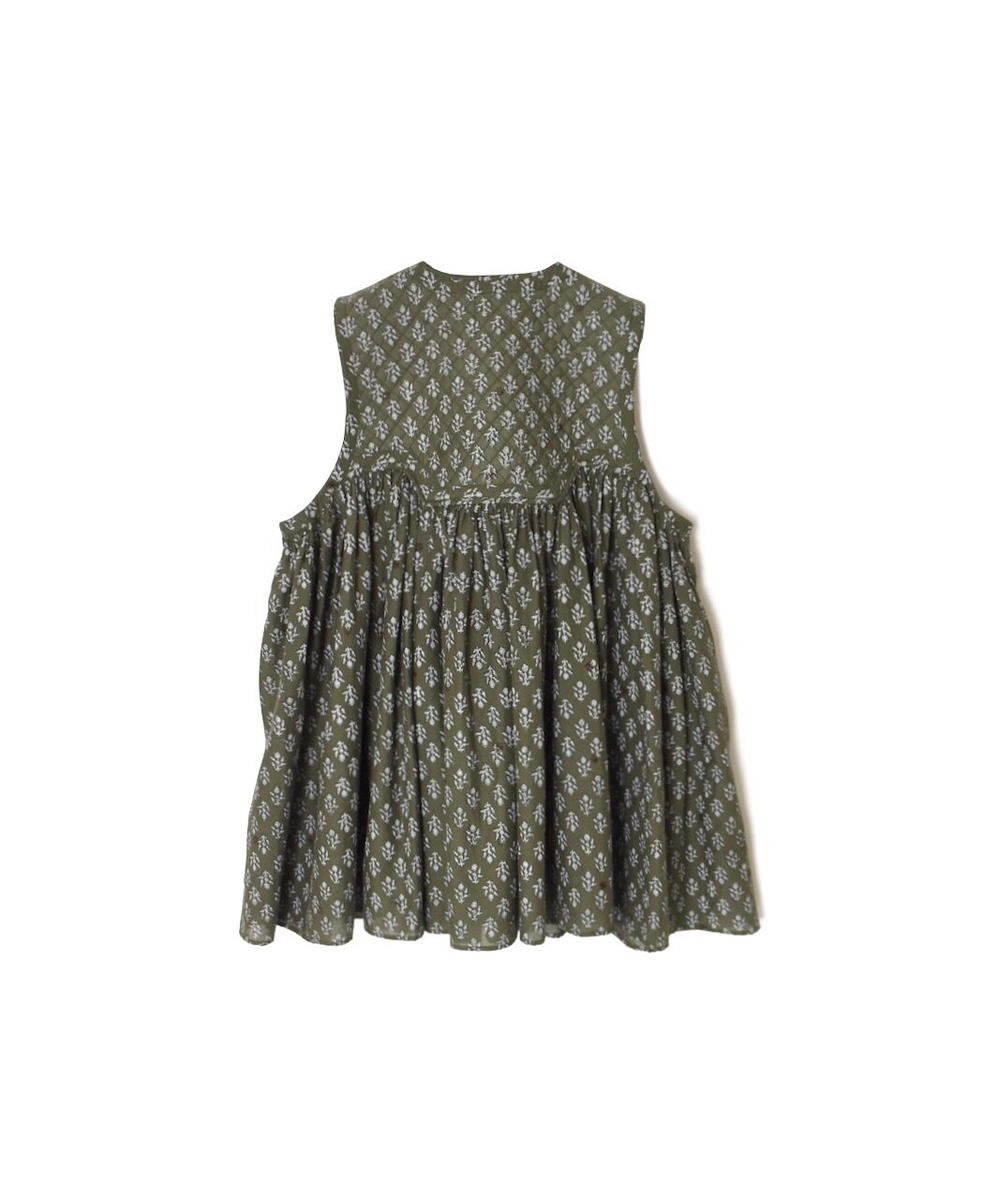 NMDS25552(シャツ) 80s COTTON VOILE FLOWER BLOCK PRINT RAJASTHAN TUCK GATHERED V-NECK NO/SL SHIRT