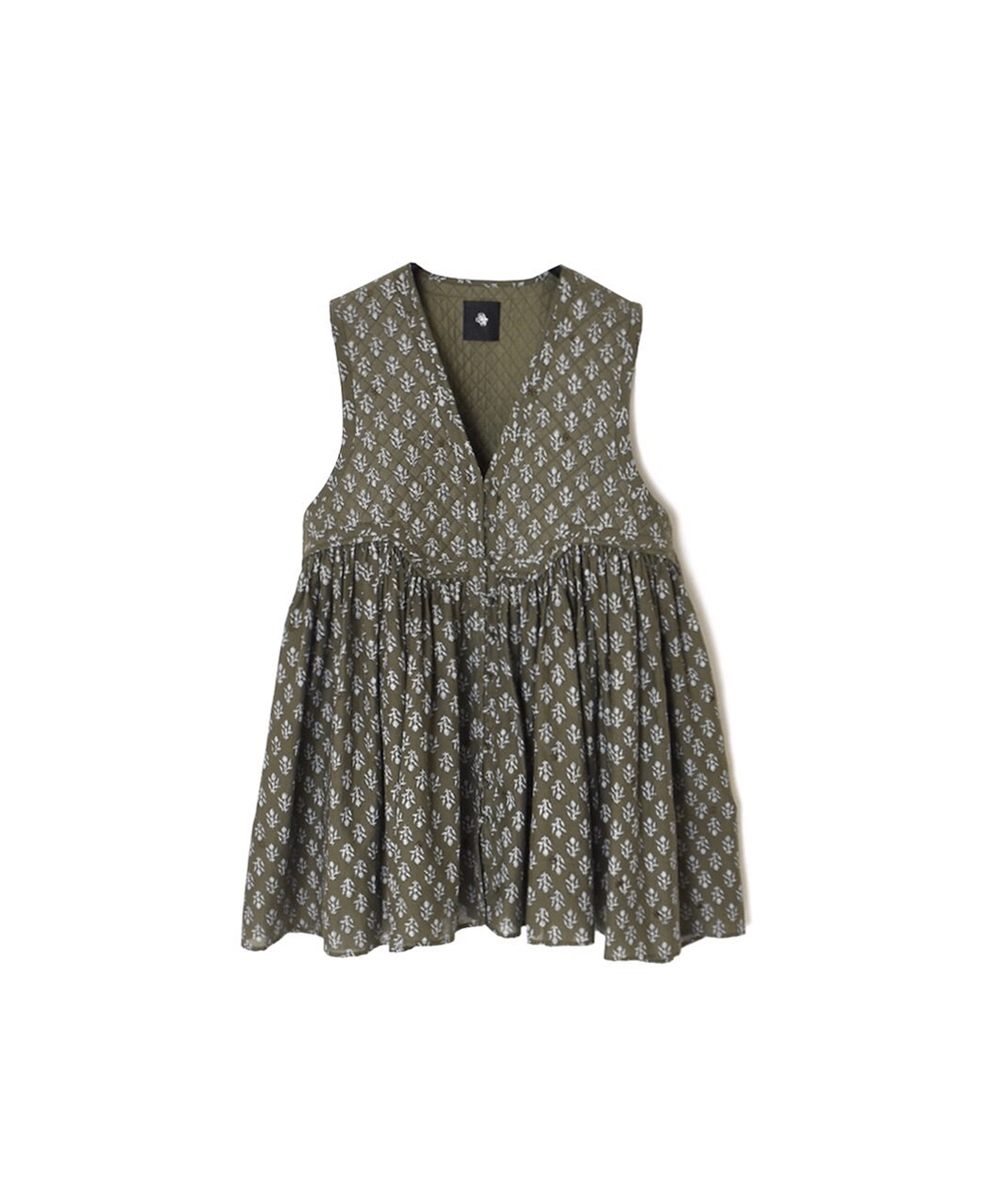 NMDS25552(シャツ) 80s COTTON VOILE FLOWER BLOCK PRINT RAJASTHAN TUCK GATHERED V-NECK NO/SL SHIRT