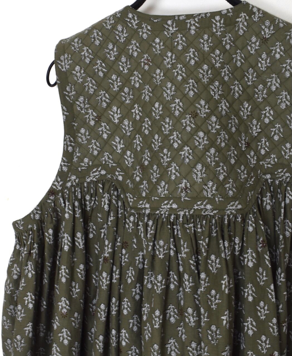 NMDS25552(シャツ) 80s COTTON VOILE FLOWER BLOCK PRINT RAJASTHAN TUCK GATHERED V-NECK NO/SL SHIRT
