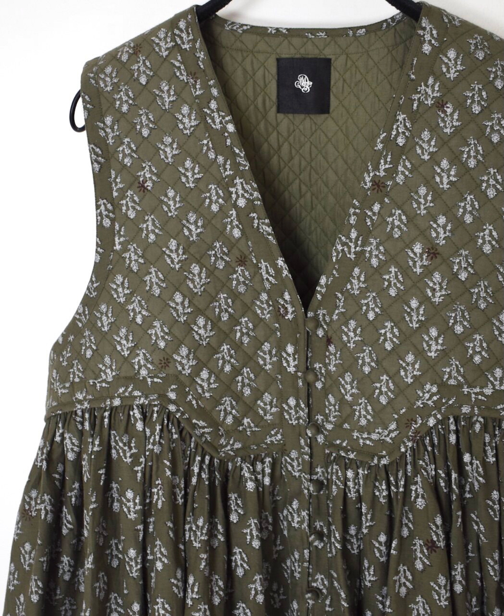 NMDS25552(シャツ) 80s COTTON VOILE FLOWER BLOCK PRINT RAJASTHAN TUCK GATHERED V-NECK NO/SL SHIRT