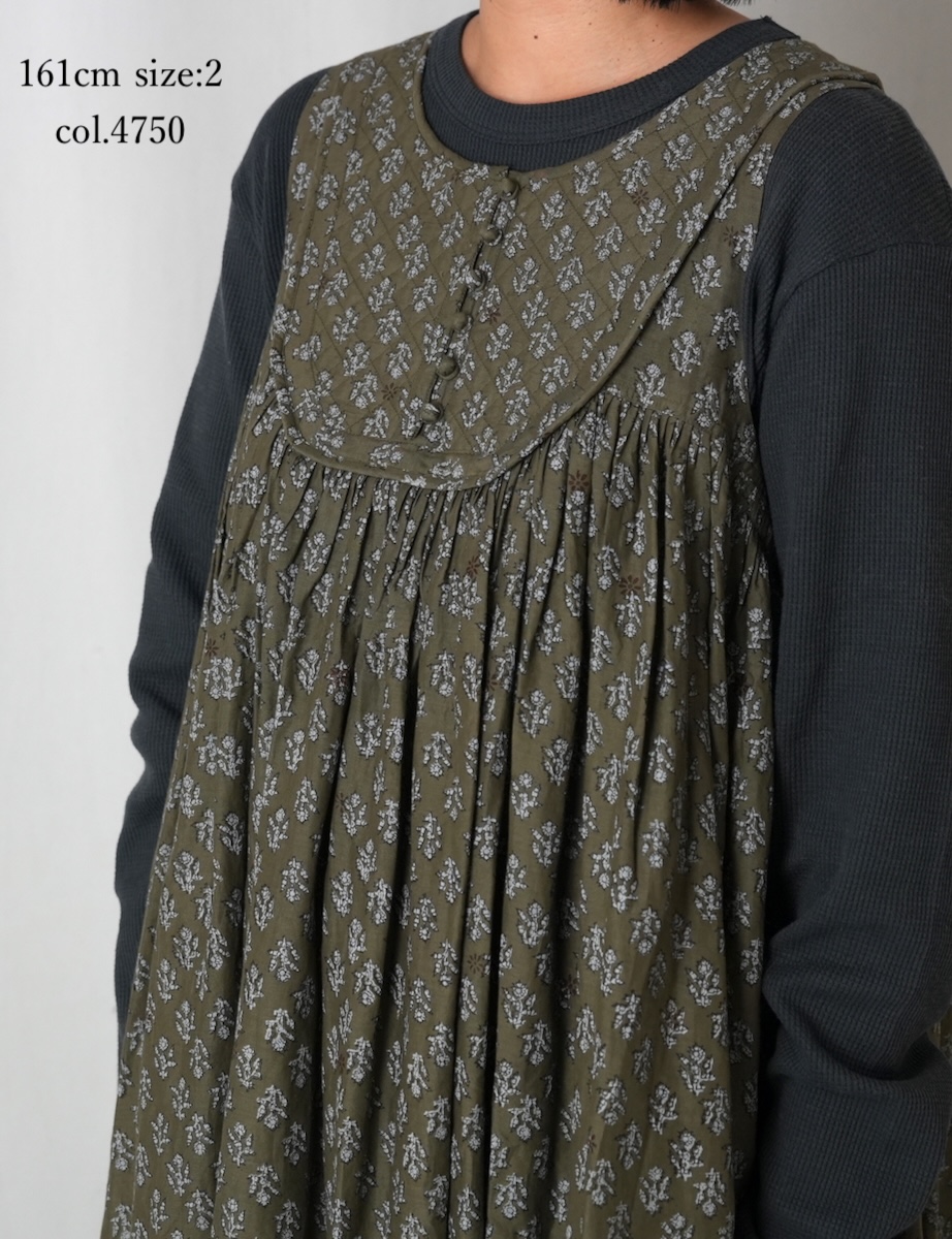 NMDS25553(ワンピース) 80s COTTON VOILE FLOWER BLOCK PRINT RAJASTHAN TUCK GATHERED NO/SL QUILTING DRESS