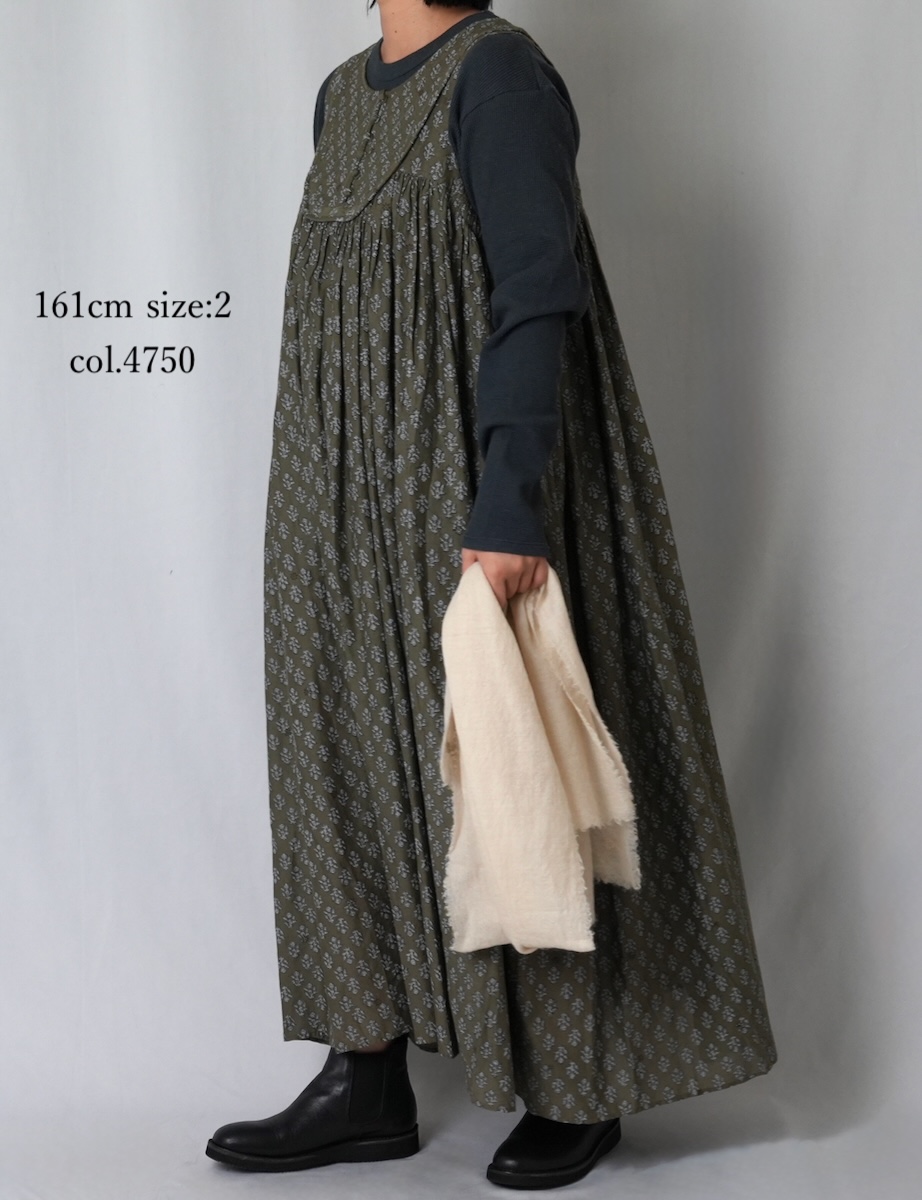 NMDS25553(ワンピース) 80s COTTON VOILE FLOWER BLOCK PRINT RAJASTHAN TUCK GATHERED NO/SL QUILTING DRESS