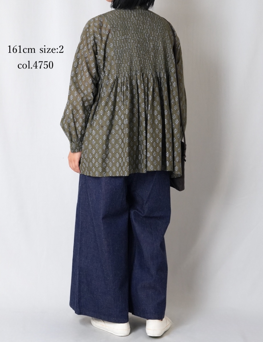 NMDS25551(シャツ) 80s COTTON VOILE FLOWER BLOCK PRINT FRILL COLLAR PINTUCK SHIRT