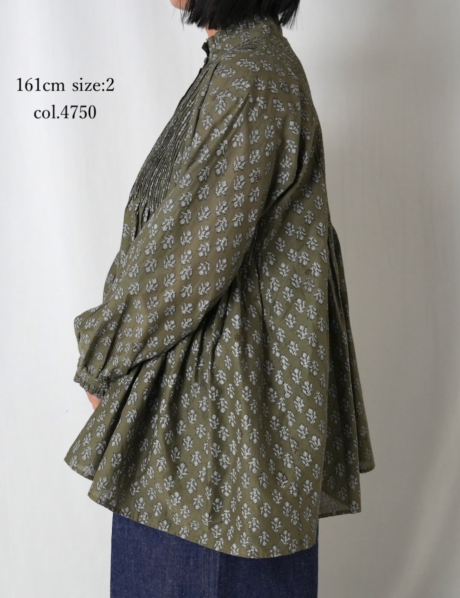 NMDS25551(シャツ) 80s COTTON VOILE FLOWER BLOCK PRINT FRILL COLLAR PINTUCK SHIRT