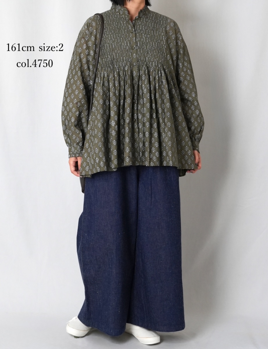 NMDS25551(シャツ) 80s COTTON VOILE FLOWER BLOCK PRINT FRILL COLLAR PINTUCK SHIRT