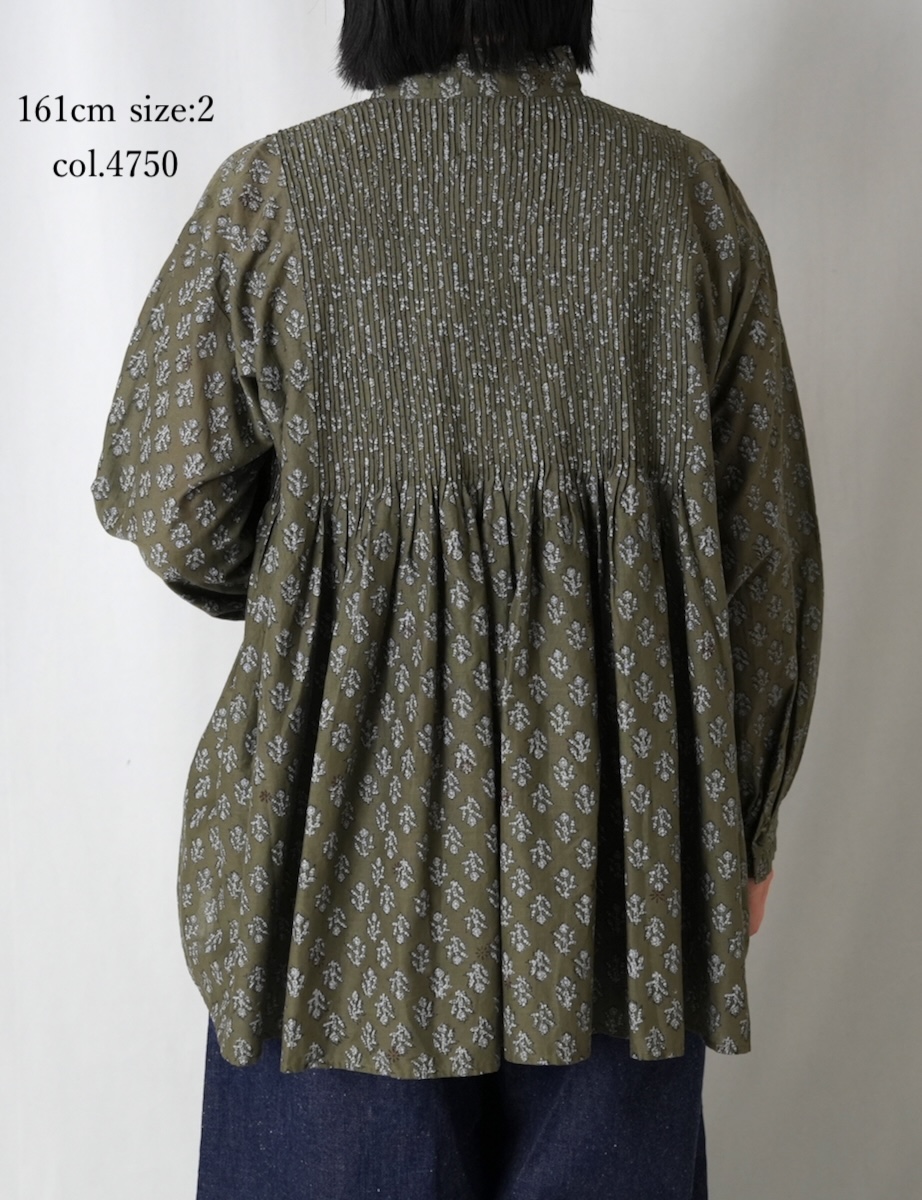 NMDS25551(シャツ) 80s COTTON VOILE FLOWER BLOCK PRINT FRILL COLLAR PINTUCK SHIRT