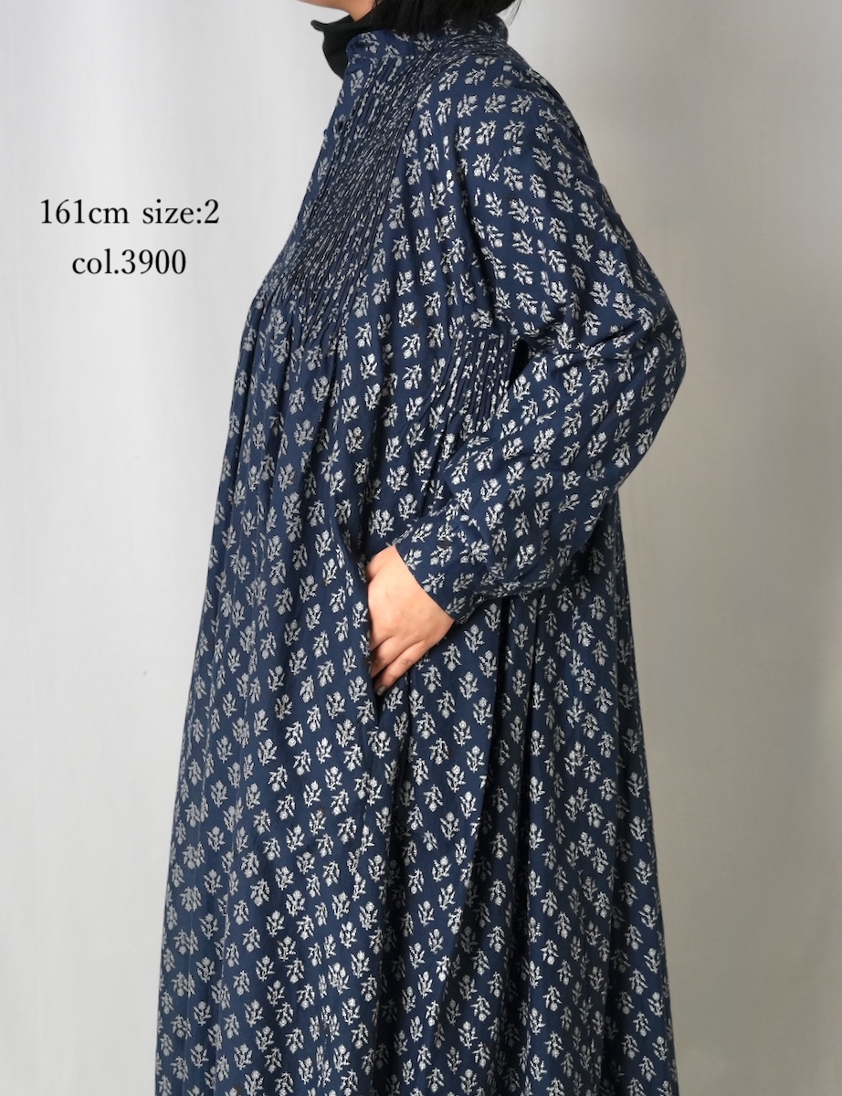 NMDS25554(ワンピース) 80s COTTON VOILE FLOWER BLOCK PRINT MINI PINTUCK BANDED COLLAR SHIRT DRESS