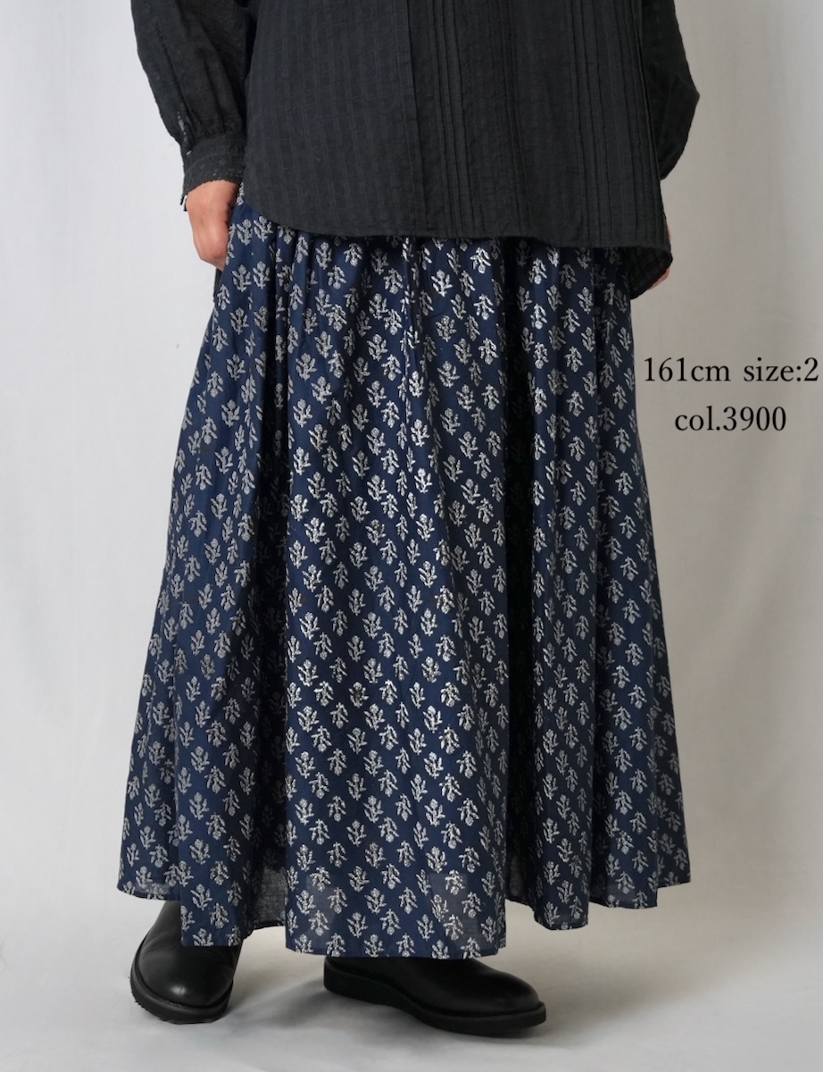 NMDS25555(スカート) 80s COTTON VOILE FLOWER BLOCK PRINT RAJASTHAN TUCK GATHERED SKIRT WITH LINING