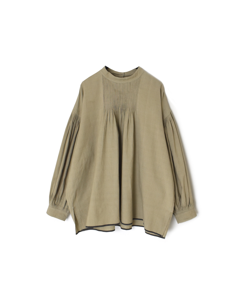 INMDS25722(シャツ) HANDWOVEN HEAVY COTTON PLAIN BACK OPENING STAND COLLAR SHIRT WITH MINI PINTUCK