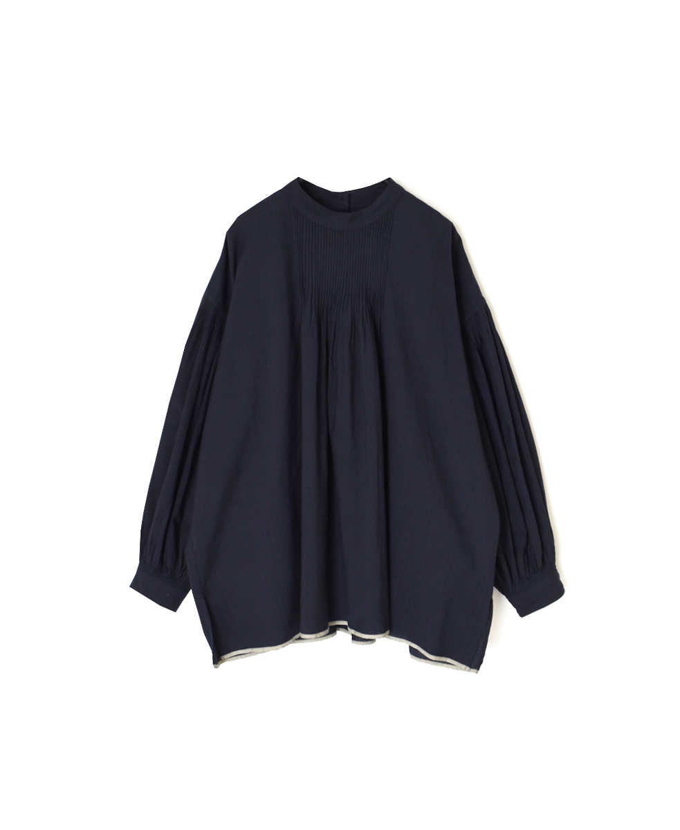 INMDS25722(シャツ) HANDWOVEN HEAVY COTTON PLAIN BACK OPENING STAND COLLAR SHIRT WITH MINI PINTUCK
