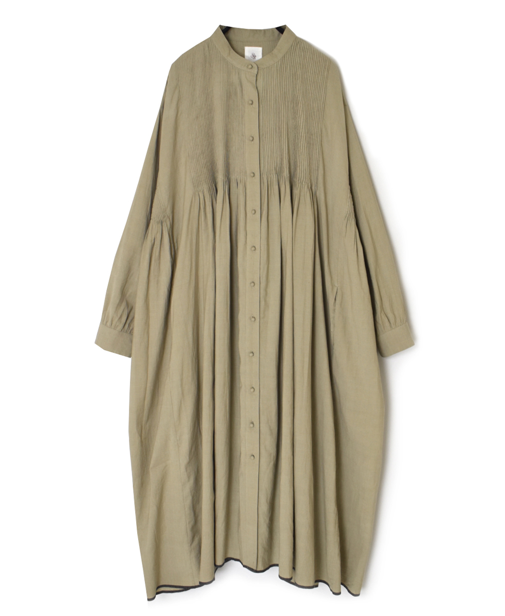 INMDS25724(ワンピース) HANDWOVEN HEAVY COTTON PLAIN MINI PINTUCK BANDED COLLAR SHIRT DRESS