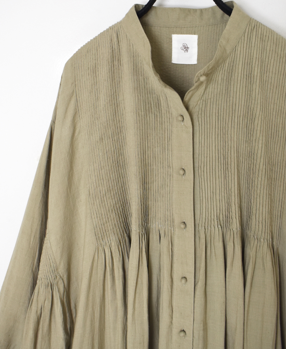 INMDS25724(ワンピース) HANDWOVEN HEAVY COTTON PLAIN MINI PINTUCK BANDED COLLAR SHIRT DRESS