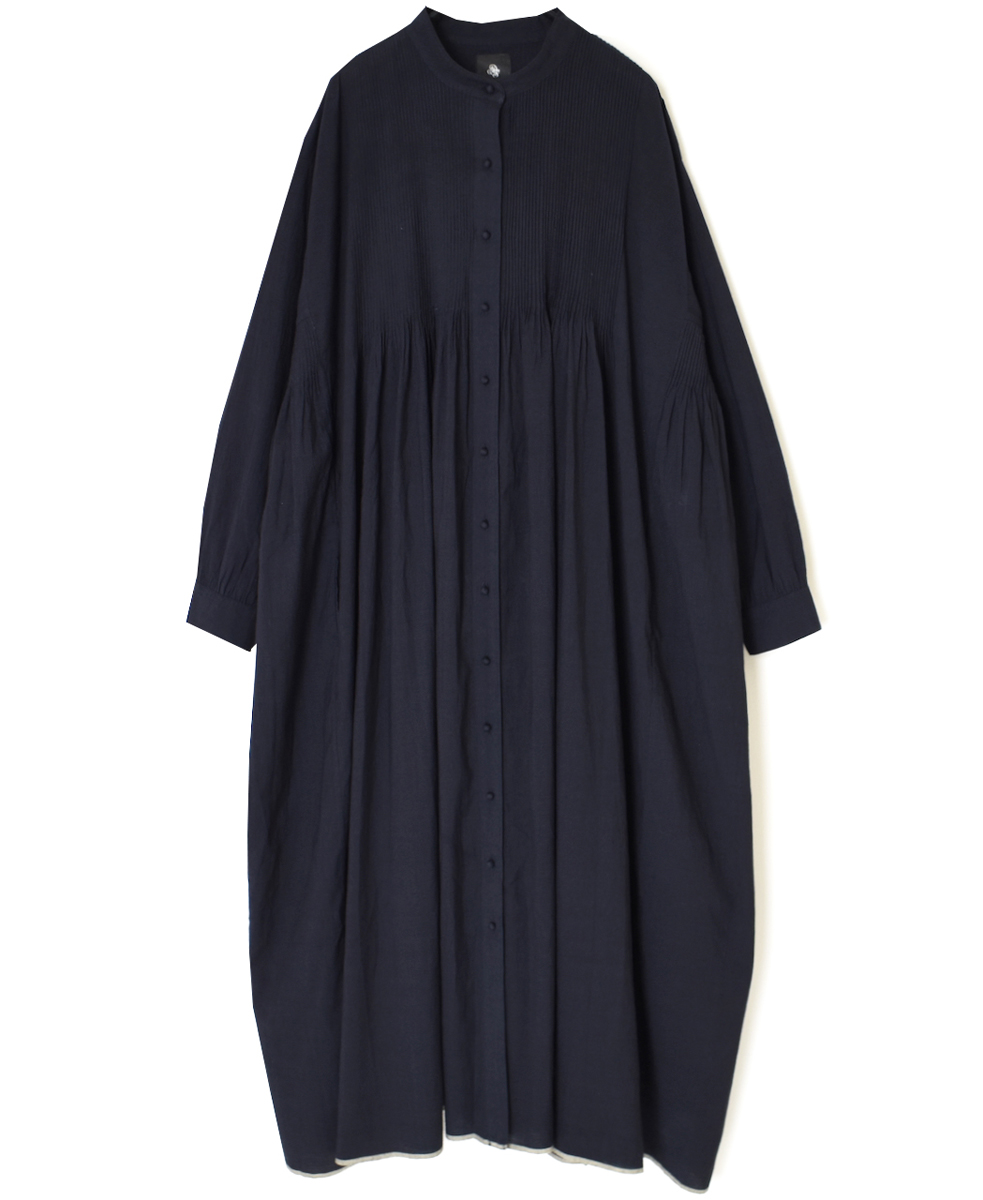 INMDS25724(ワンピース) HANDWOVEN HEAVY COTTON PLAIN MINI PINTUCK BANDED COLLAR SHIRT DRESS