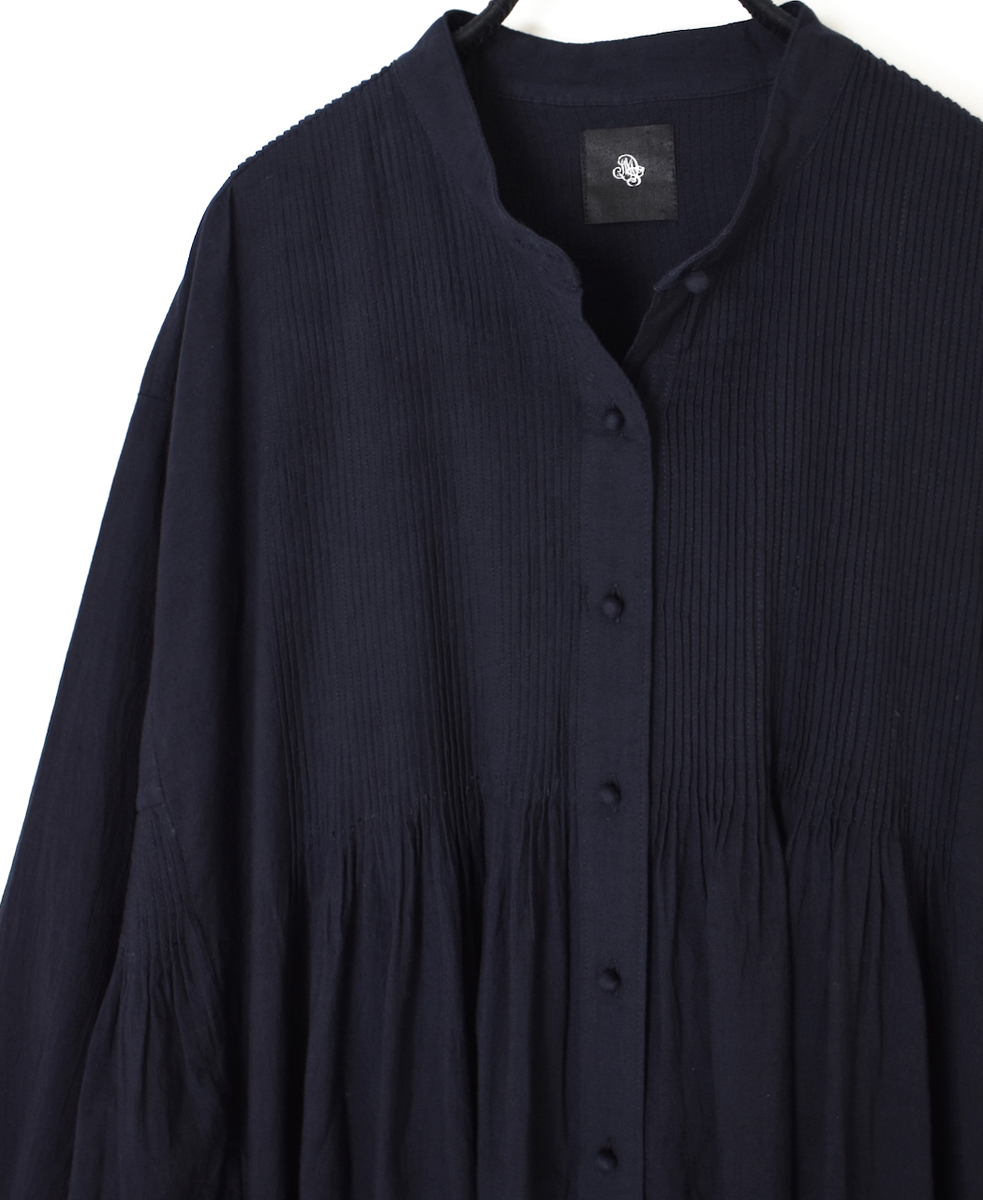 INMDS25724(ワンピース) HANDWOVEN HEAVY COTTON PLAIN MINI PINTUCK BANDED COLLAR SHIRT DRESS