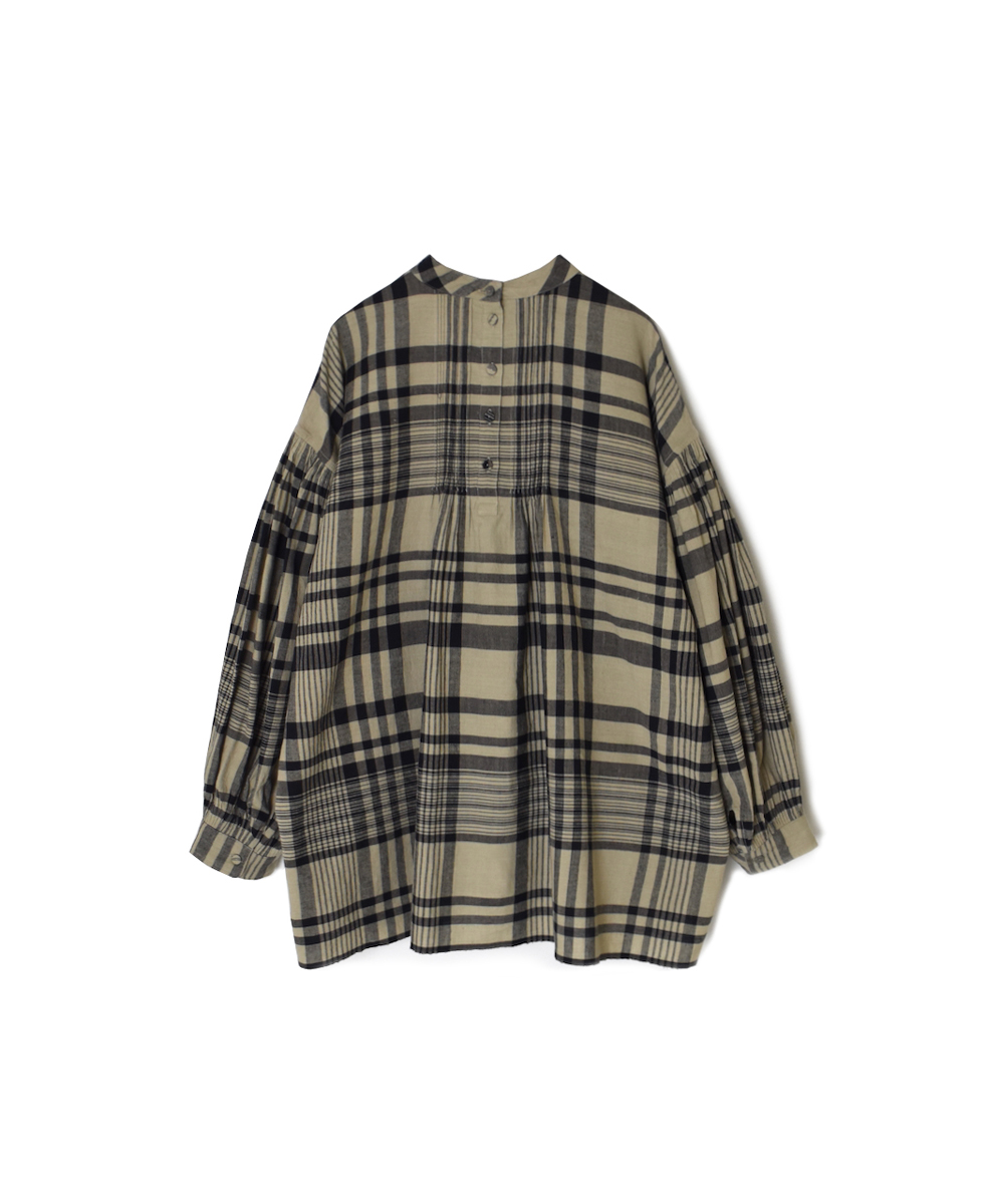INMDS25732(シャツ) HANDWOVEN HEAVY COTTON CHECK BACK OPENING STAND COLLAR SHIRT WITH MINI PINTUCK
