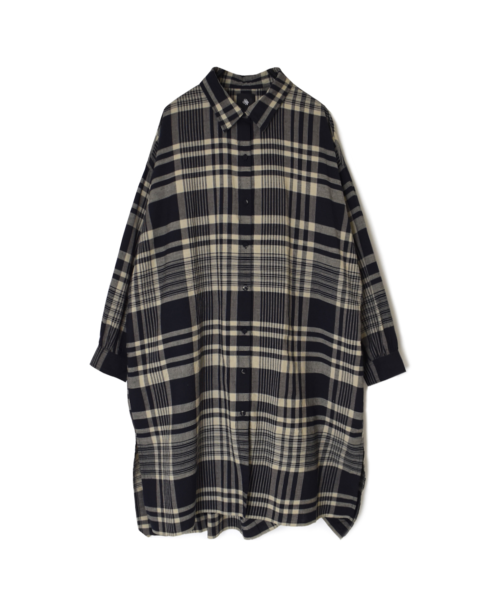 INMDS25733(シャツ) HANDWOVEN HEAVY COTTON CHECK REGULAR COLLAR BACK PINTUCK LONG SHIRT