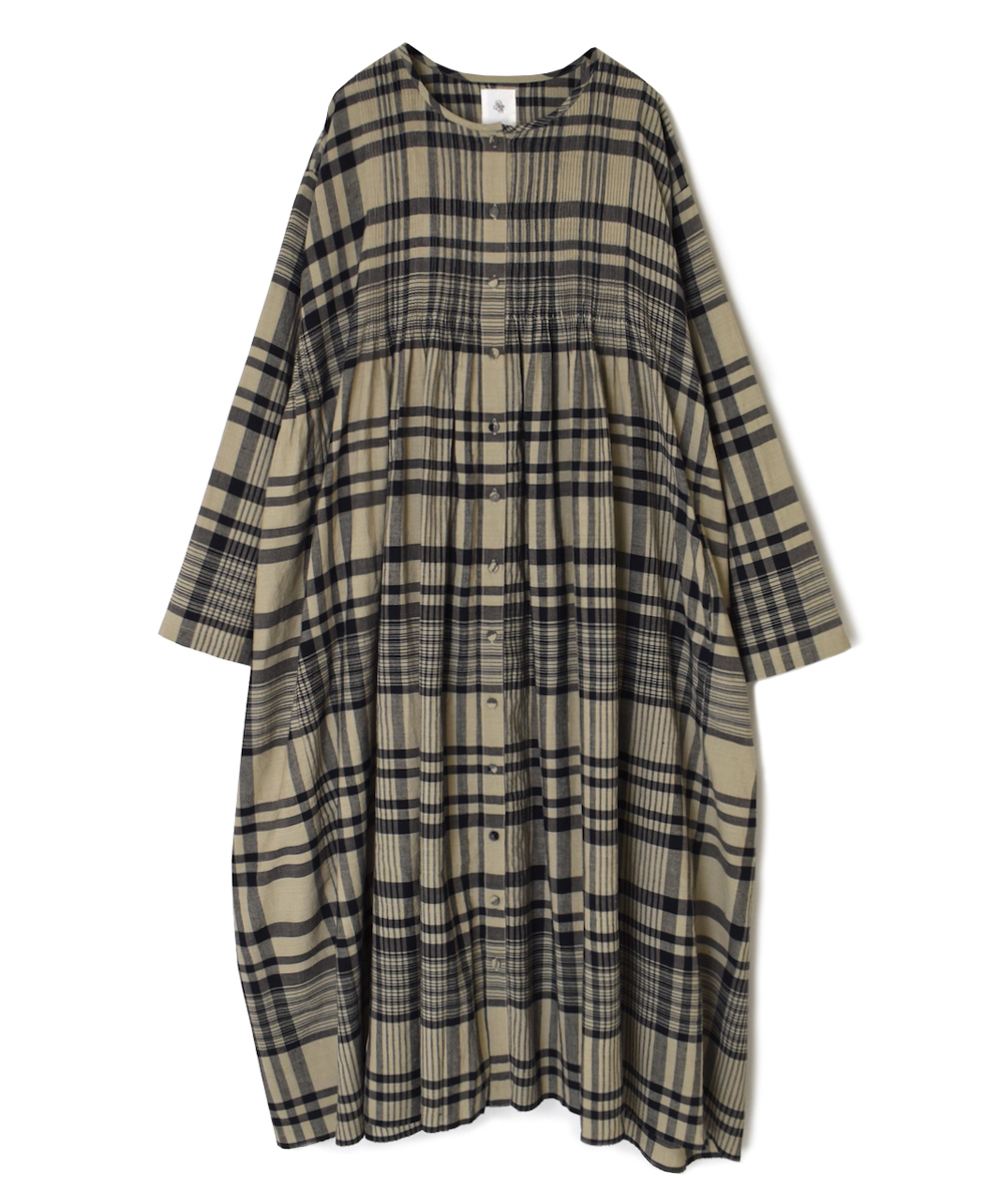 INMDS25734(ワンピース) HANDWOVEN HEAVY COTTON CHECK CREW-NECK DRESS WITH MINI PINTUCK