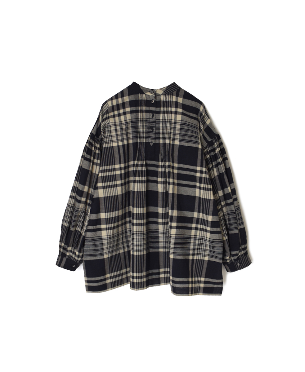 INMDS25732(シャツ) HANDWOVEN HEAVY COTTON CHECK BACK OPENING STAND COLLAR SHIRT WITH MINI PINTUCK