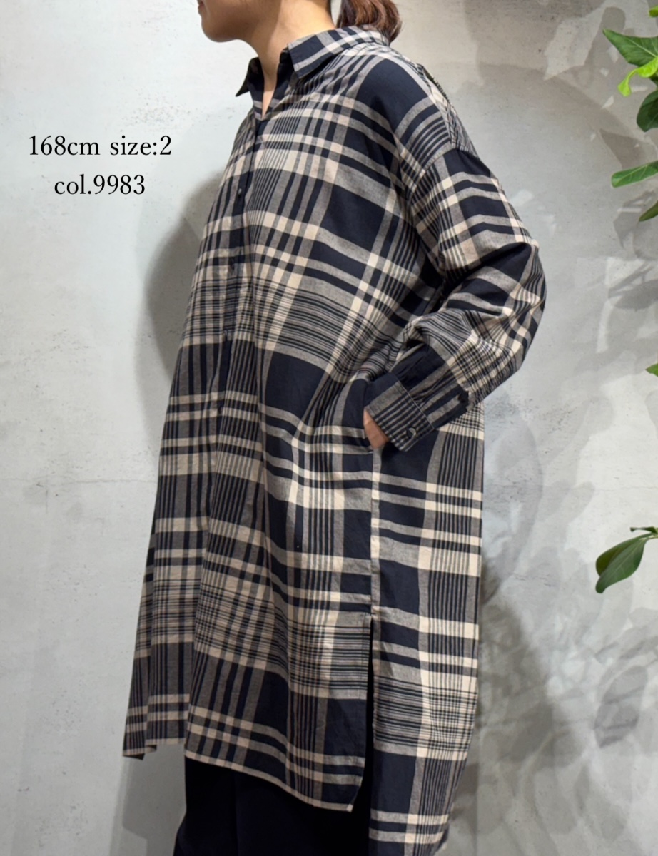 INMDS25733(シャツ) HANDWOVEN HEAVY COTTON CHECK REGULAR COLLAR BACK PINTUCK LONG SHIRT