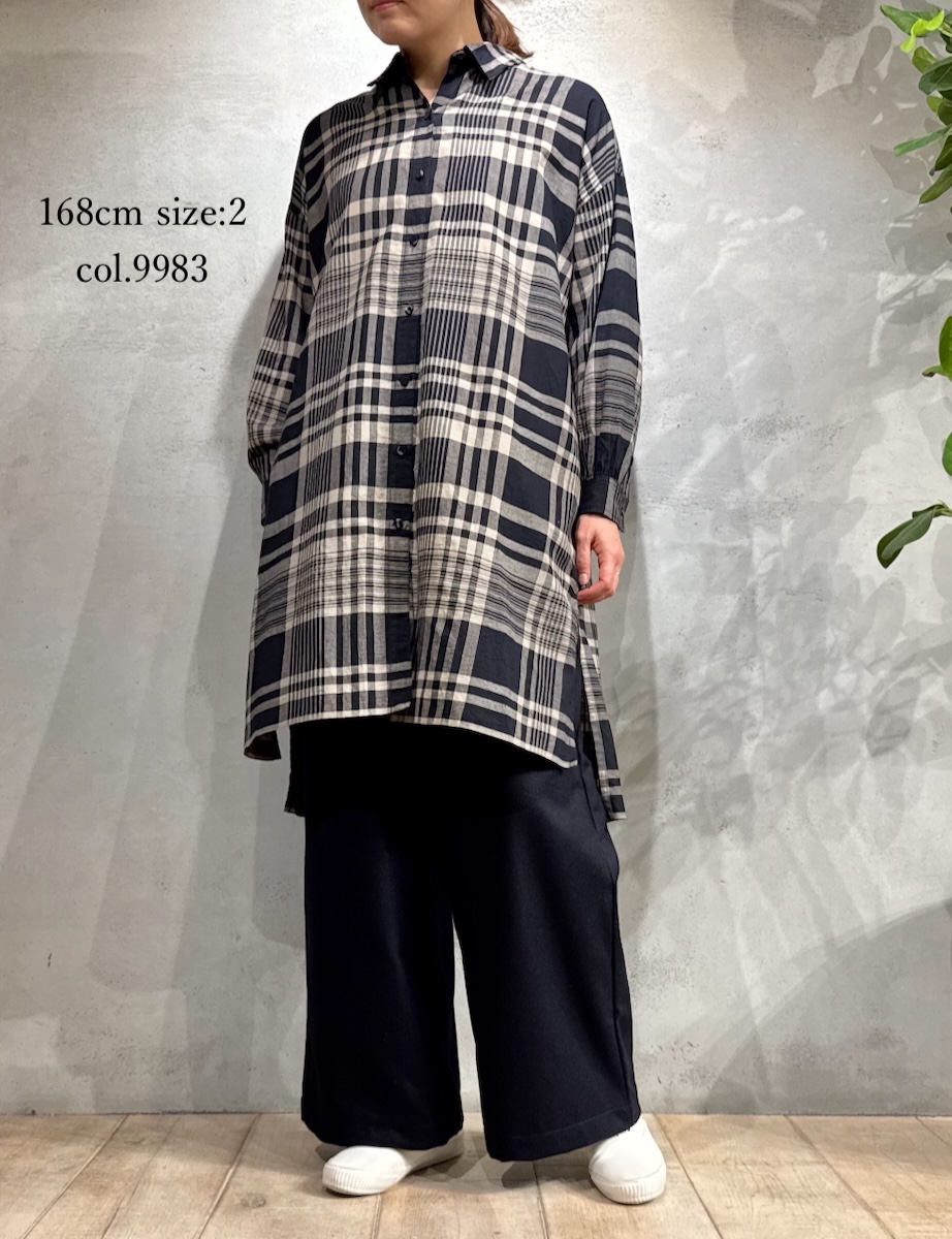 INMDS25733(シャツ) HANDWOVEN HEAVY COTTON CHECK REGULAR COLLAR BACK PINTUCK LONG SHIRT