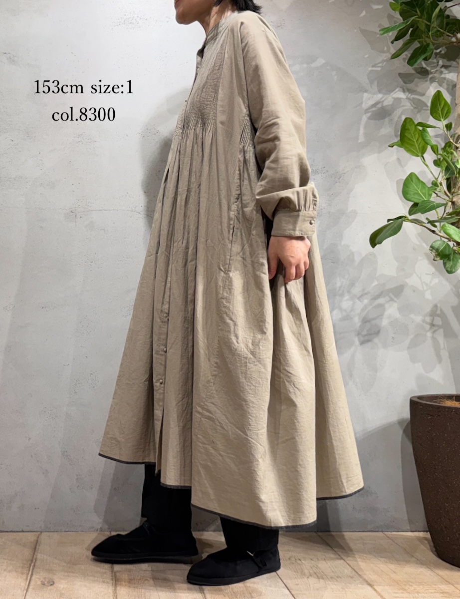 INMDS25724(ワンピース) HANDWOVEN HEAVY COTTON PLAIN MINI PINTUCK BANDED COLLAR SHIRT DRESS