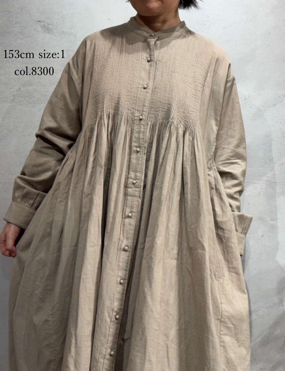 INMDS25724(ワンピース) HANDWOVEN HEAVY COTTON PLAIN MINI PINTUCK BANDED COLLAR SHIRT DRESS