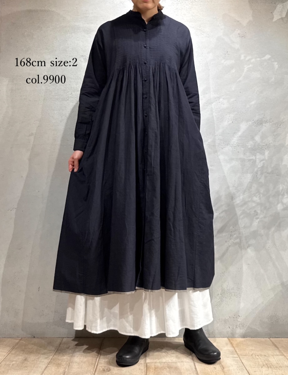 INMDS25724(ワンピース) HANDWOVEN HEAVY COTTON PLAIN MINI PINTUCK BANDED COLLAR SHIRT DRESS