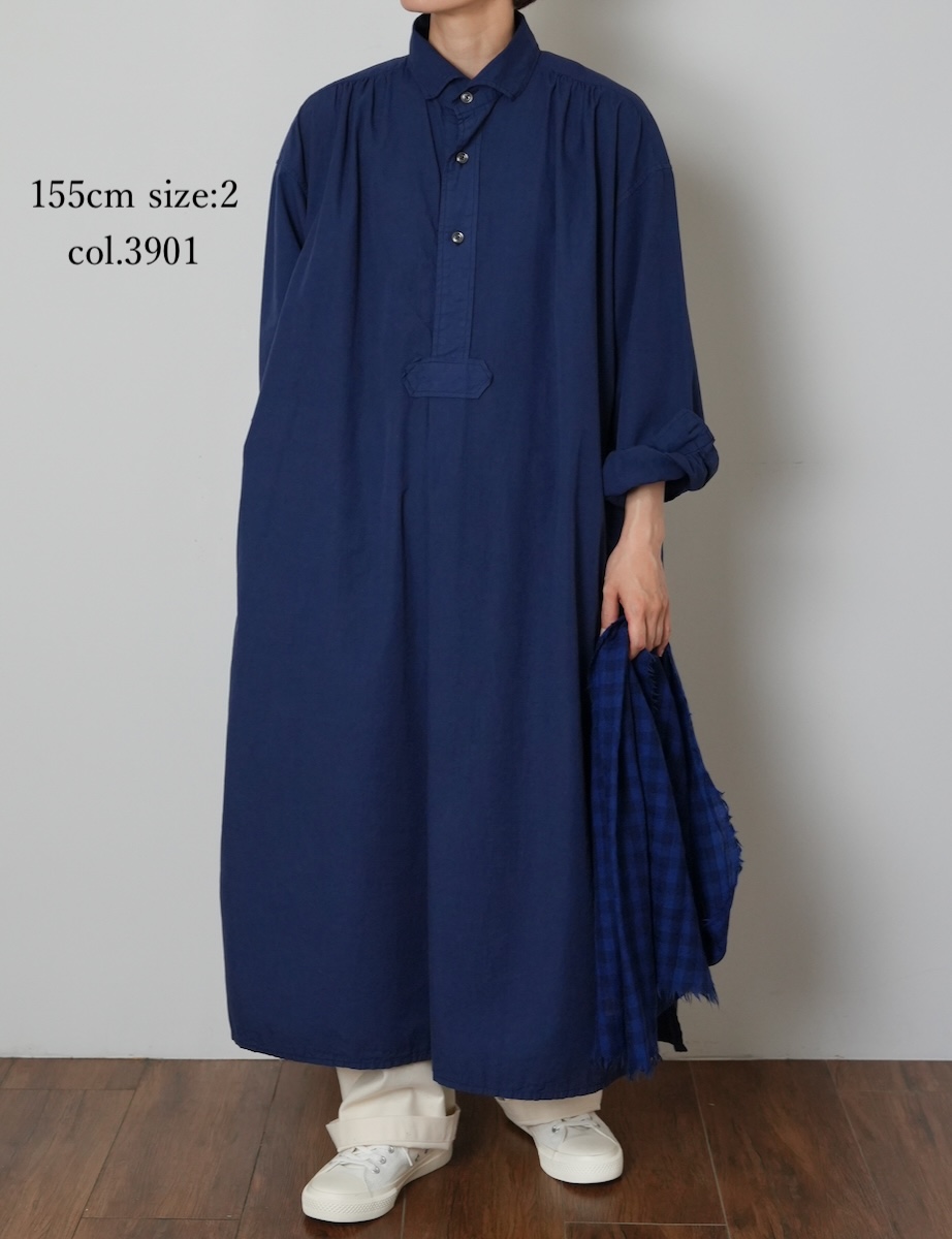INAM2555PD(ワンピース) 40s POPLIN OVER DYE WORK GATHERED SHIRT DRESS