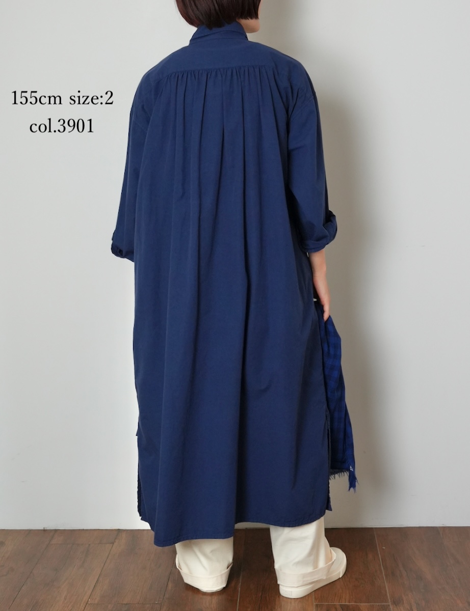INAM2555PD(ワンピース) 40s POPLIN OVER DYE WORK GATHERED SHIRT DRESS
