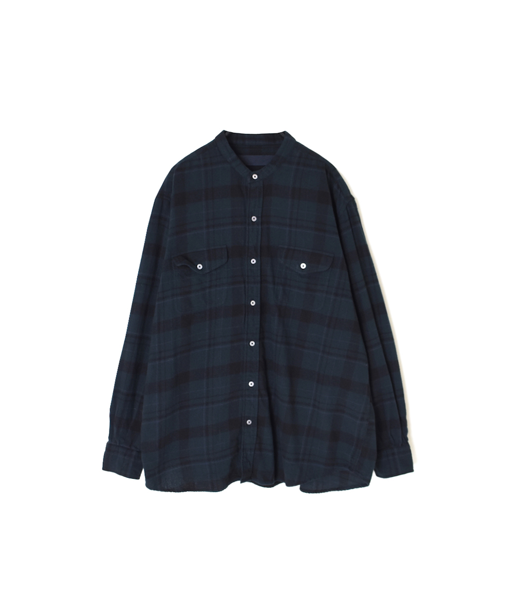 NVL2572D(シャツ) COTTON FLANNEL CHECK OVERDYE BANDED COLLAR L/SL OVERSIZED SHIRT