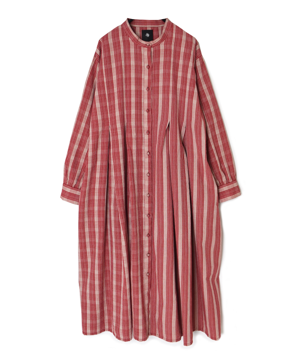 NMDS25594(ワンピース) WOOL COTTON CHECK INVERTED PLEATS BANDED SHIRT DRESS