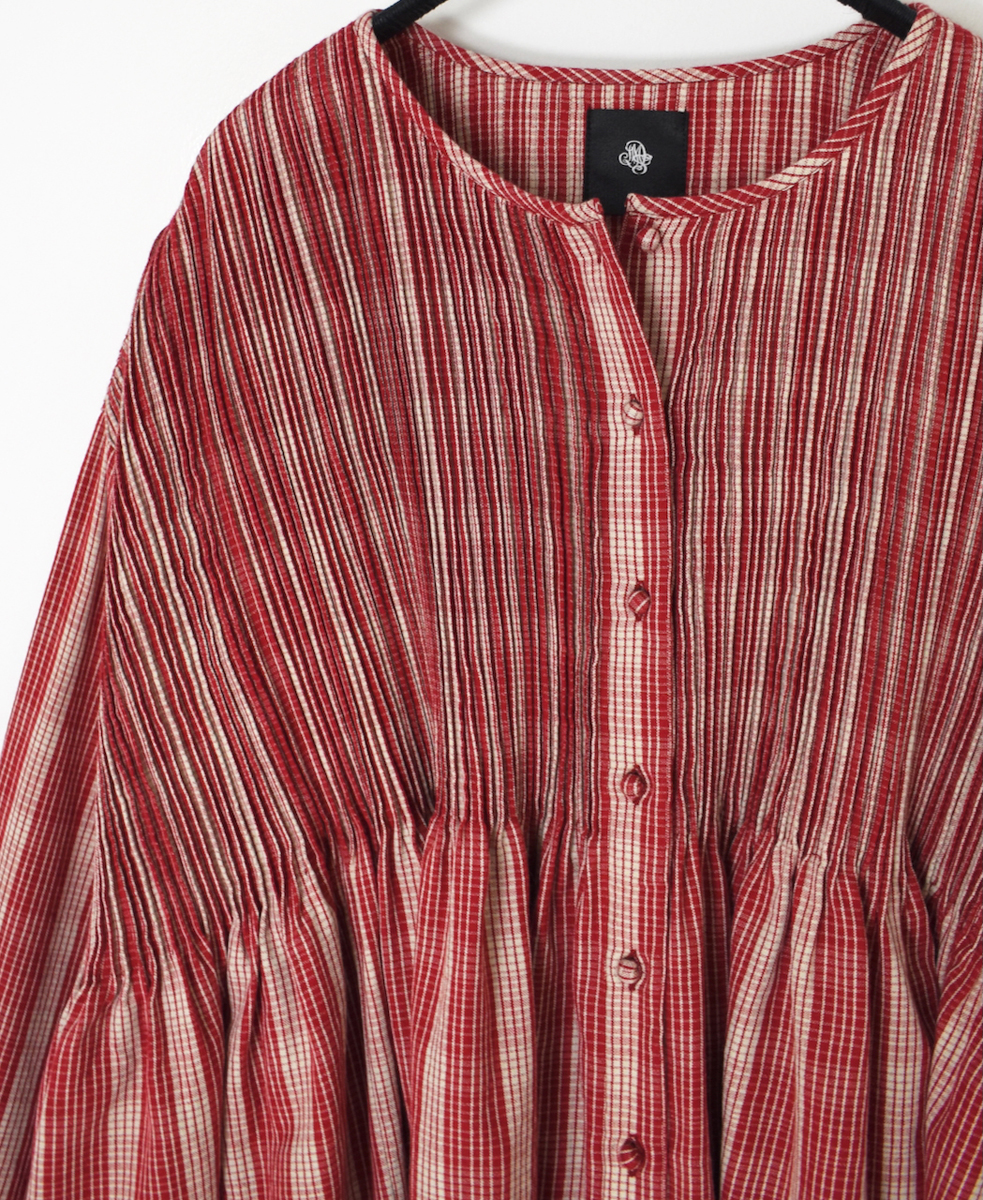 NMDS25592(シャツ) WOOL COTTON CHECK CREW-NECK BUTTON SHIRT WITH PINTUCK