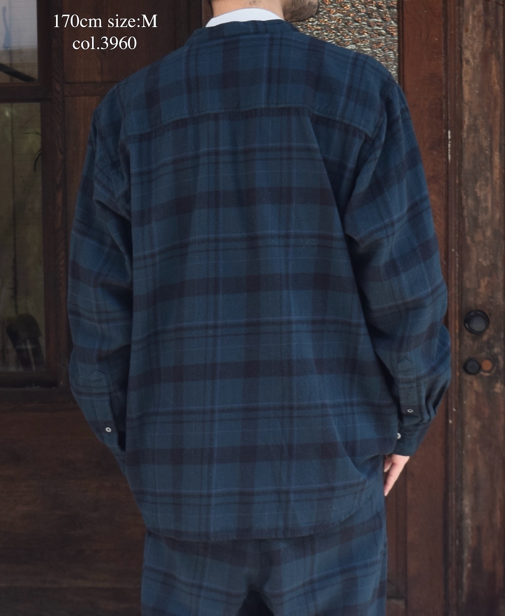 NVL2572D(シャツ) COTTON FLANNEL CHECK OVERDYE BANDED COLLAR L/SL OVERSIZED SHIRT