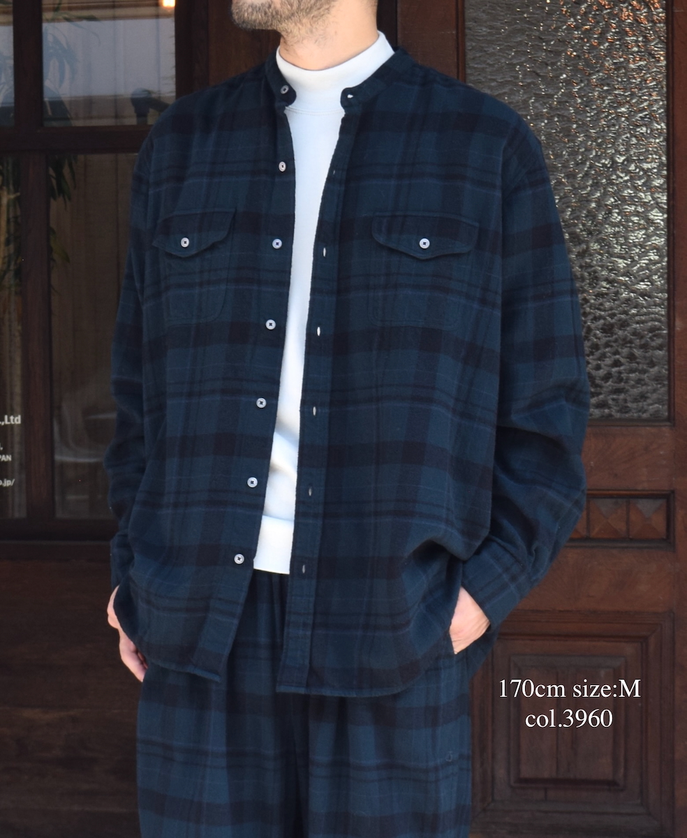 NVL2572D(シャツ) COTTON FLANNEL CHECK OVERDYE BANDED COLLAR L/SL OVERSIZED SHIRT