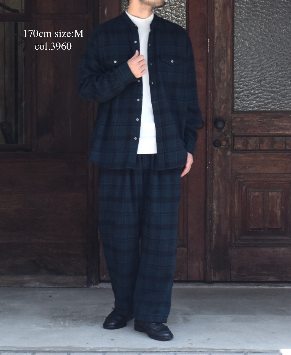 NVL2572D(シャツ) COTTON FLANNEL CHECK OVERDYE BANDED COLLAR L/SL OVERSIZED SHIRT
