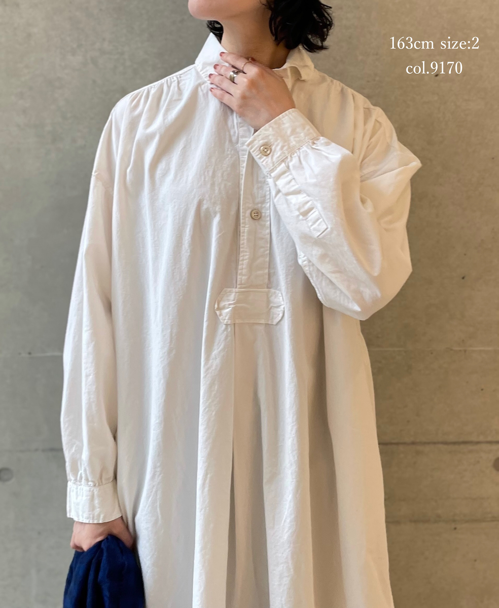 INAM2555PD(ワンピース) 40s POPLIN OVER DYE WORK GATHERED SHIRT DRESS