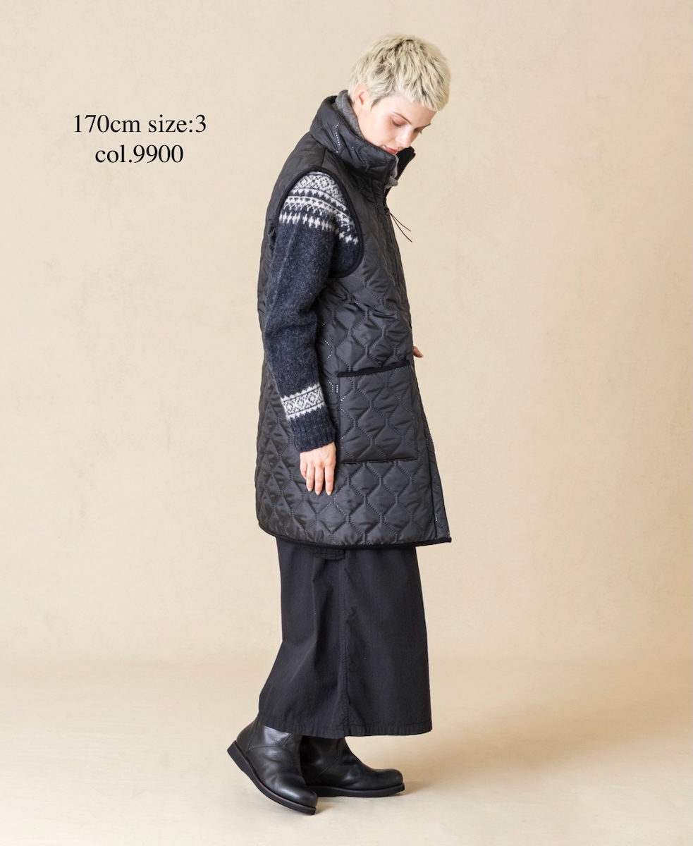 NAM2551(ベスト) PLAIN POLYESTER×FREECE HEAT QUILT HIGH-NECK FULL DOUBLE ZIP-UP REVERSIBLE LONG VEST