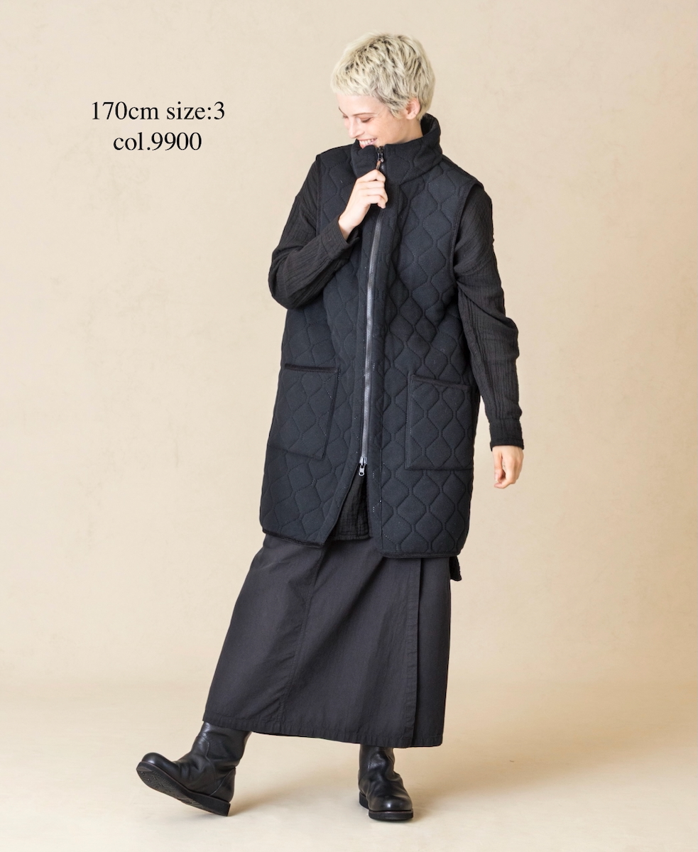 NAM2551(ベスト) PLAIN POLYESTER×FREECE HEAT QUILT HIGH-NECK FULL DOUBLE ZIP-UP REVERSIBLE LONG VEST