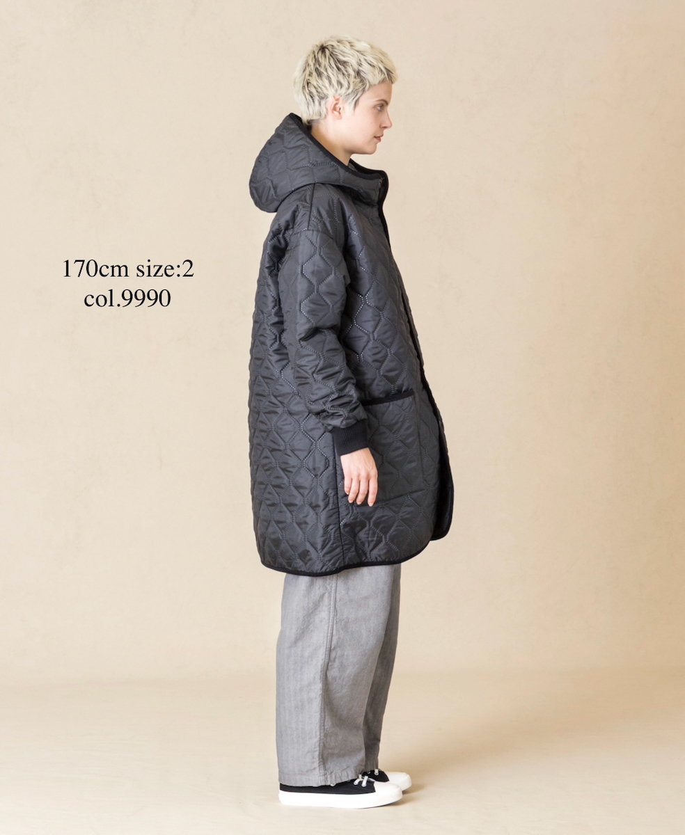 NAM2562PP(コート) PLAIN POLYESTERxPLAIN POLYESTER HEAT QUILT OVERSIZED MID-LENGTH HOODED COAT WITH RIBBED CUFF