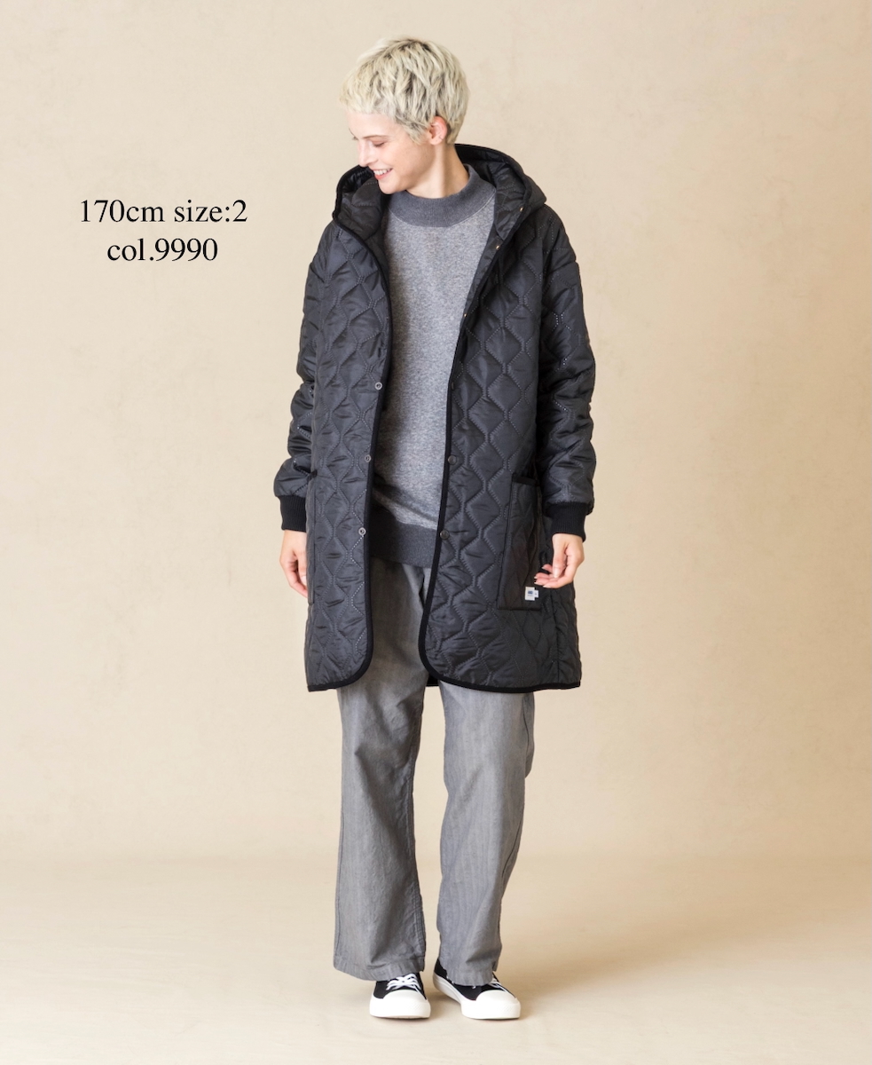 NAM2562PP(コート) PLAIN POLYESTERxPLAIN POLYESTER HEAT QUILT OVERSIZED MID-LENGTH HOODED COAT WITH RIBBED CUFF